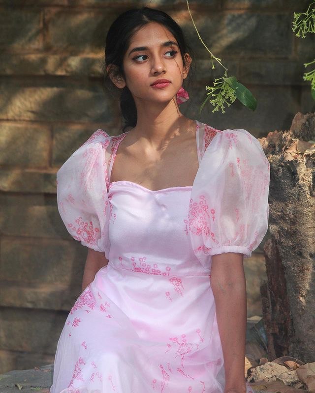 Pink Organza Silk Ballon Sleeves Dress