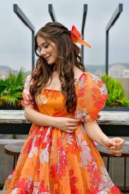 Orange Organza Silk Digital Printed Dress