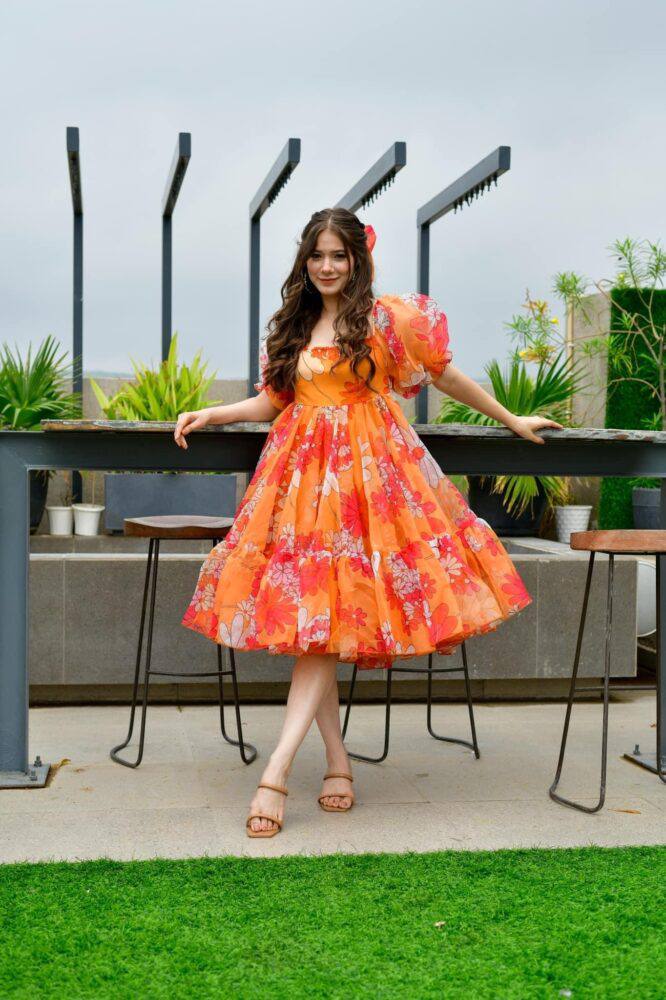 Orange Organza Silk Digital Printed Dress