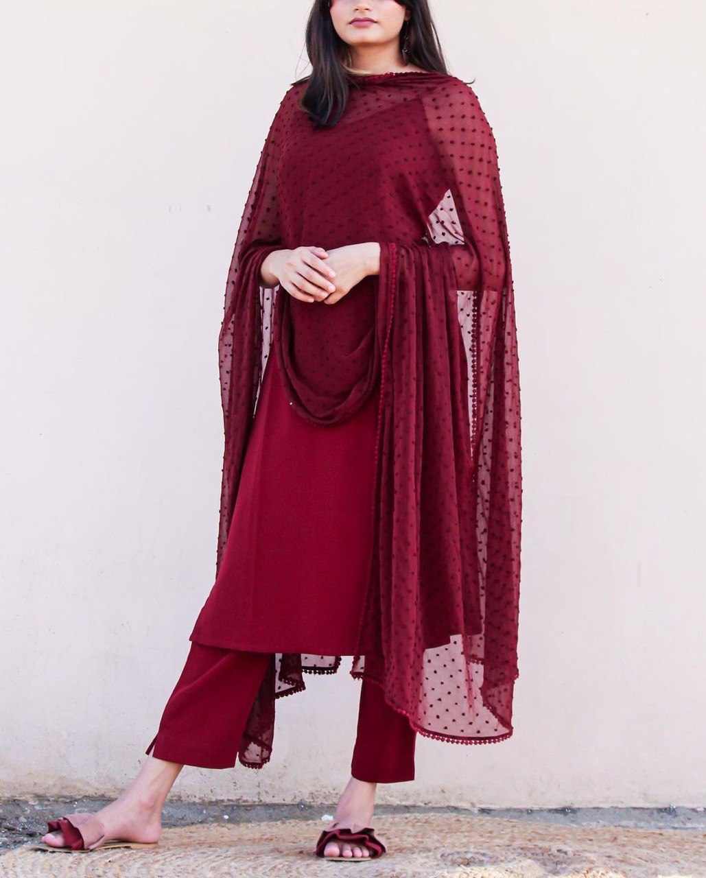 Maroon Pure Soft Moss Scrape Salwar Suit