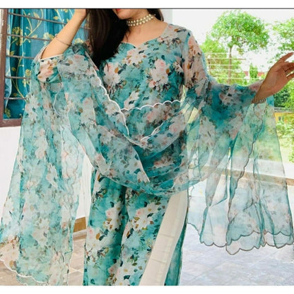 Sky Blue Pure Chanderi Cotton Floral Printed Salwar Suit