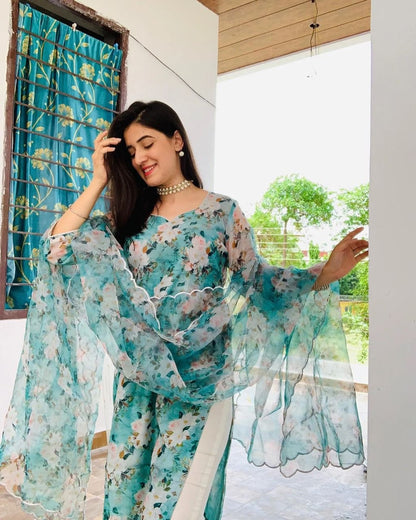 Sky Blue Pure Chanderi Cotton Floral Printed Salwar Suit