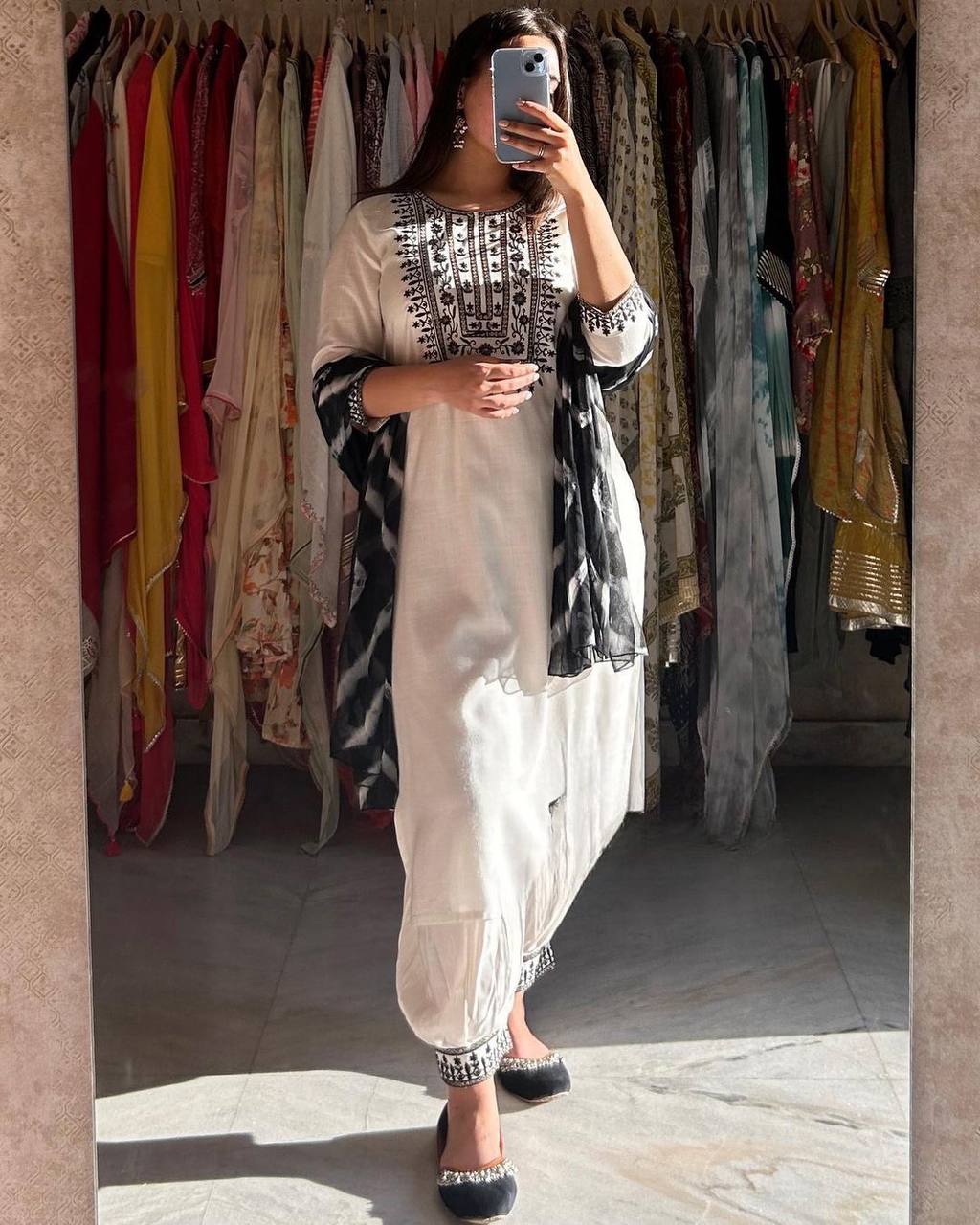 White Muslin Cotton Embroidered Top Bottom With Dupatta Set