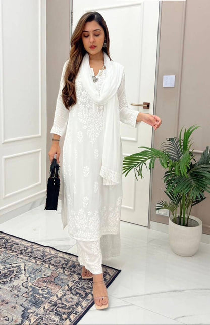 White Cambric Cotton Chikankari Kurta With Palazzo And Dupatta