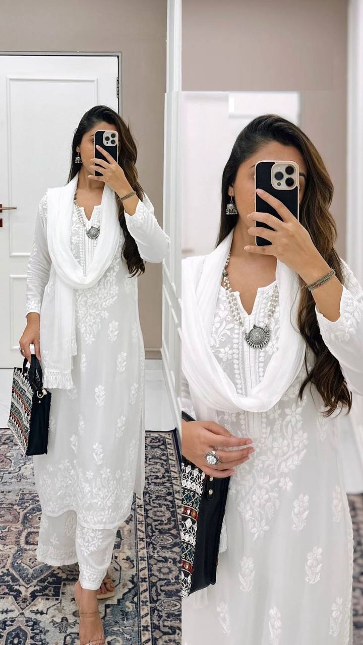 White Cambric Cotton Chikankari Kurta With Palazzo And Dupatta