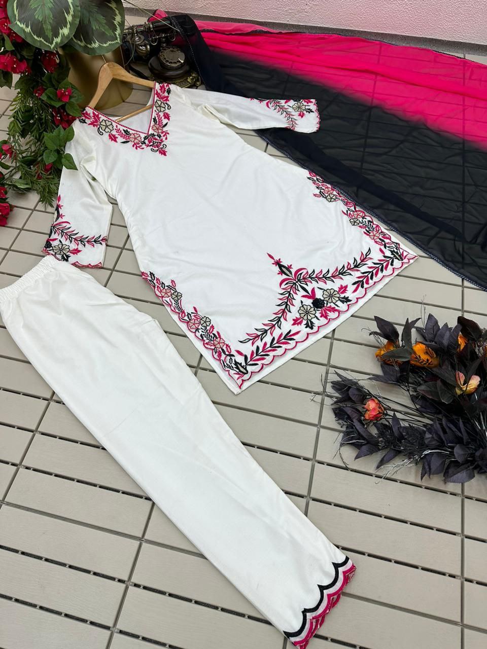 White Pure Cotton Embroidered Top Bottom With Dupatta Set