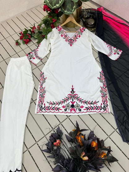 White Pure Cotton Embroidered Top Bottom With Dupatta Set