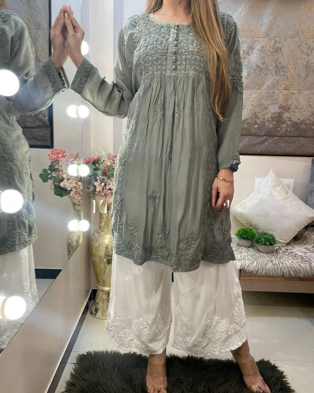 Gray Rayon Cotton Chikankari Kurta With Palazzo