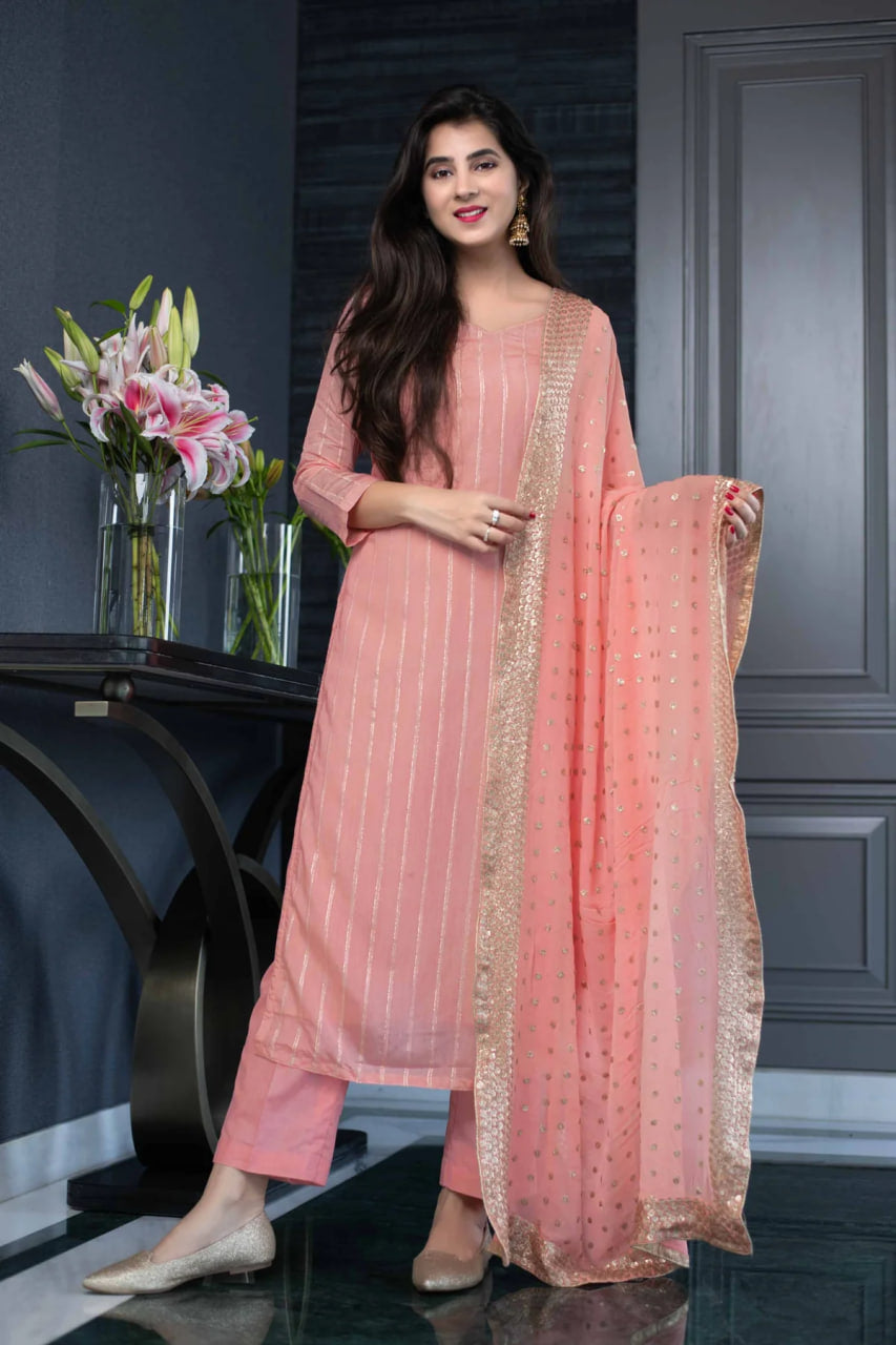 Peach Chanderi Cotton Kurta With Pant And Dupatta Set