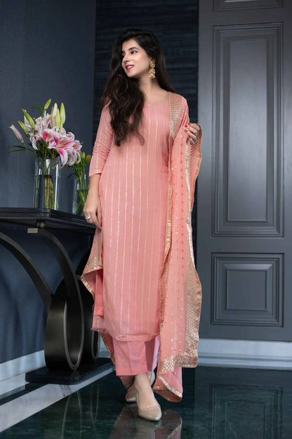 Peach Chanderi Cotton Kurta With Pant And Dupatta Set