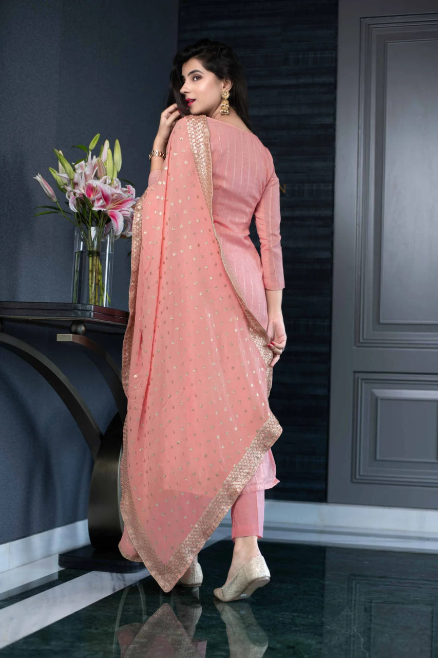 Peach Chanderi Cotton Kurta With Pant And Dupatta Set