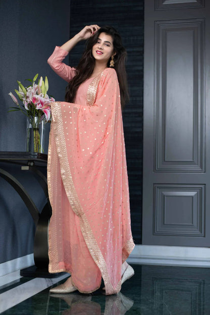 Peach Chanderi Cotton Kurta With Pant And Dupatta Set