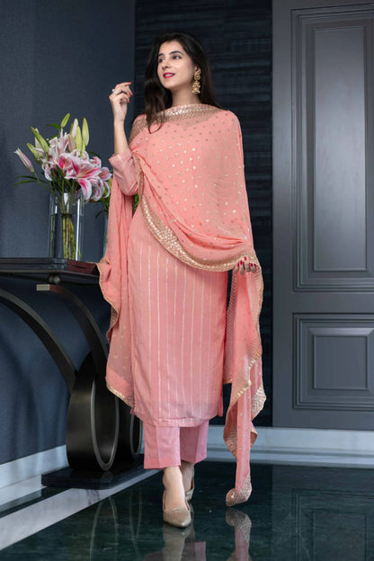 Peach Chanderi Cotton Kurta With Pant And Dupatta Set