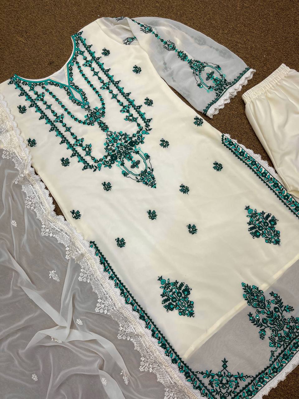 Cream Faux Georgette Embroidered Top Bottom With Dupatta Set