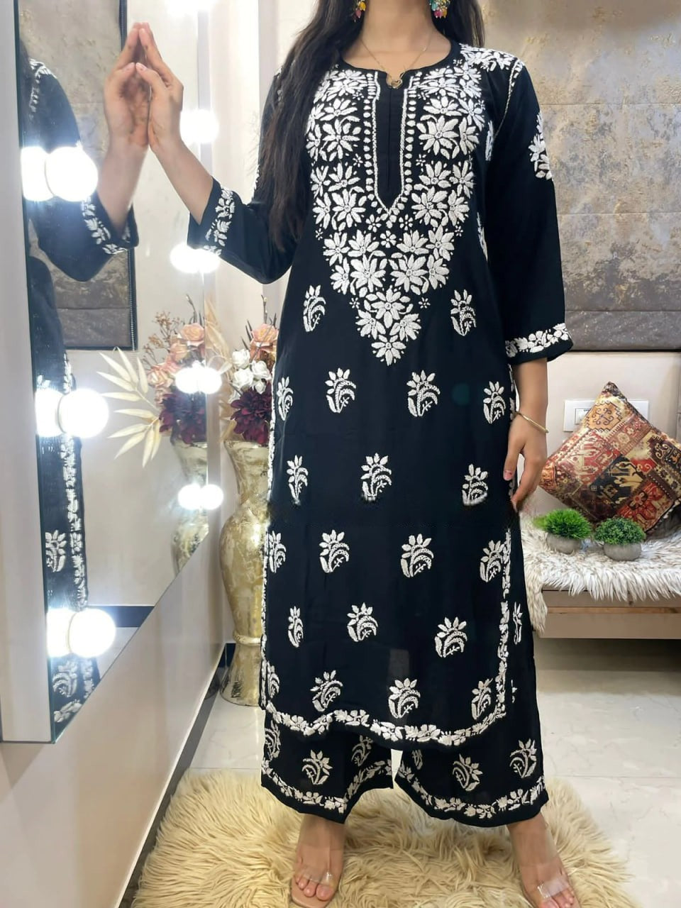 Black Rayon Cotton Chikankari Kurta With Palazzo