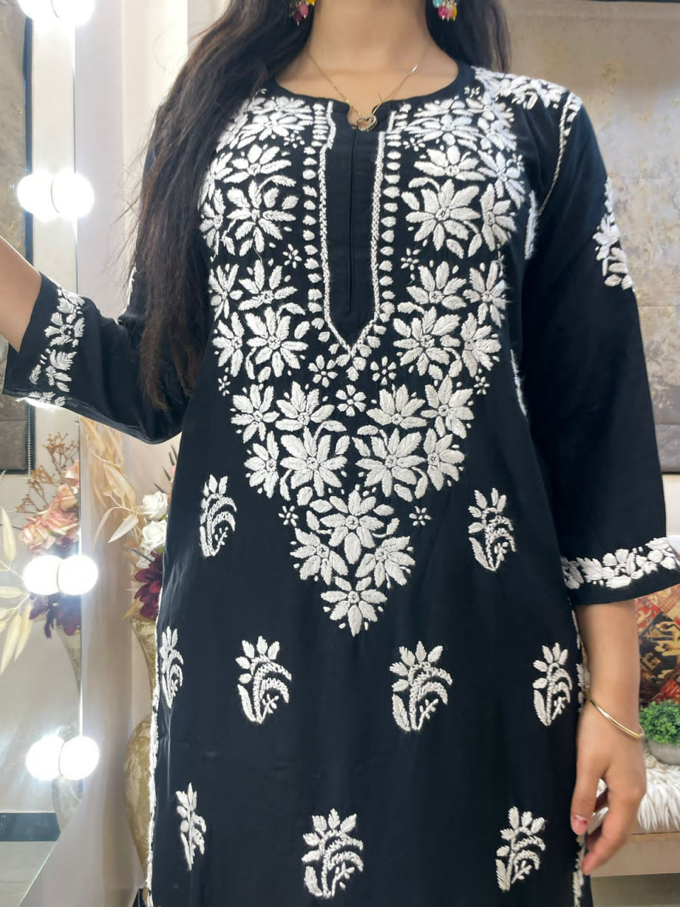 Black Rayon Cotton Chikankari Kurta With Palazzo