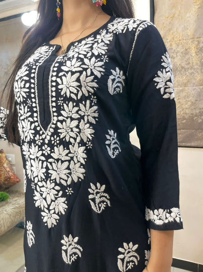 Black Rayon Cotton Chikankari Kurta With Palazzo