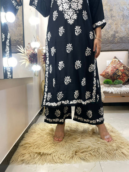 Black Rayon Cotton Chikankari Kurta With Palazzo