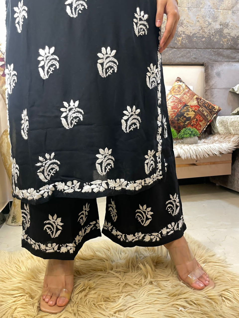 Black Rayon Cotton Chikankari Kurta With Palazzo