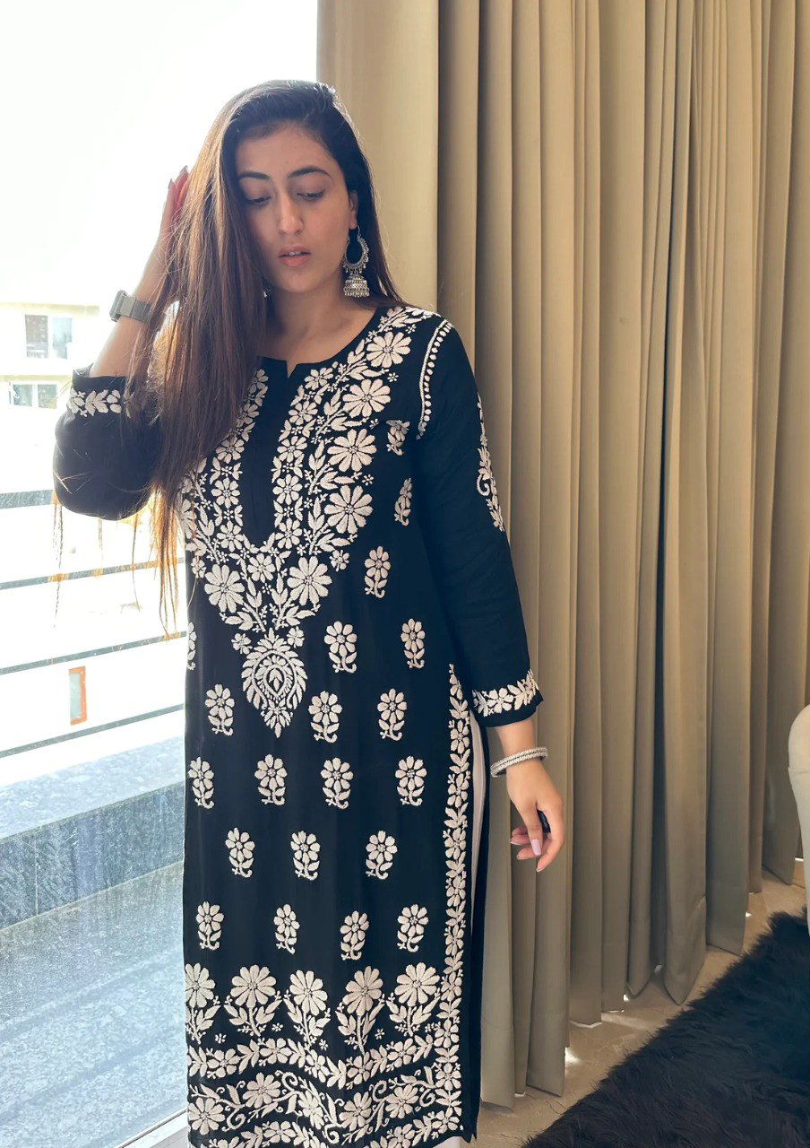 Black Rayon Cotton Chikankari Kurta With Palazzo Set