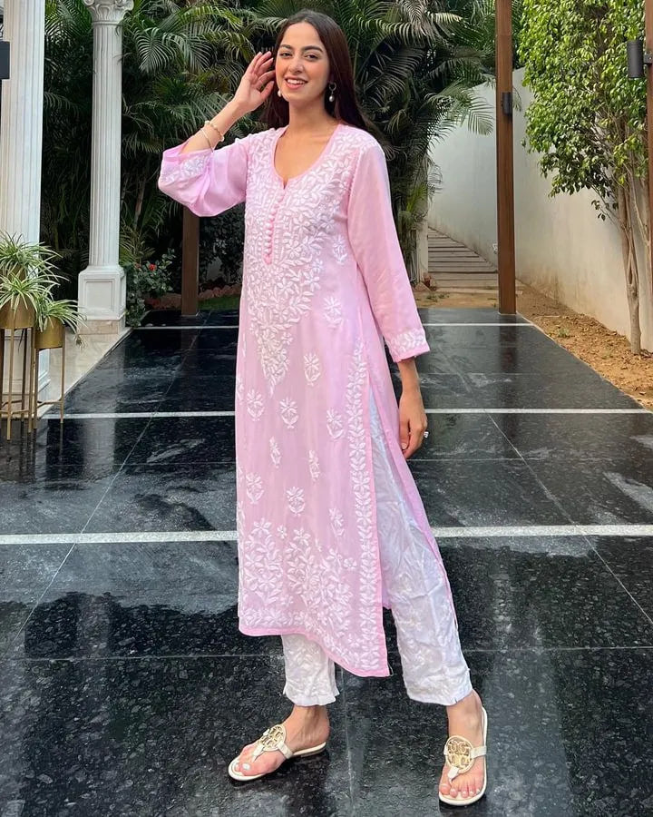 Pink Rayon Cotton Chikankari Kurta With Pant