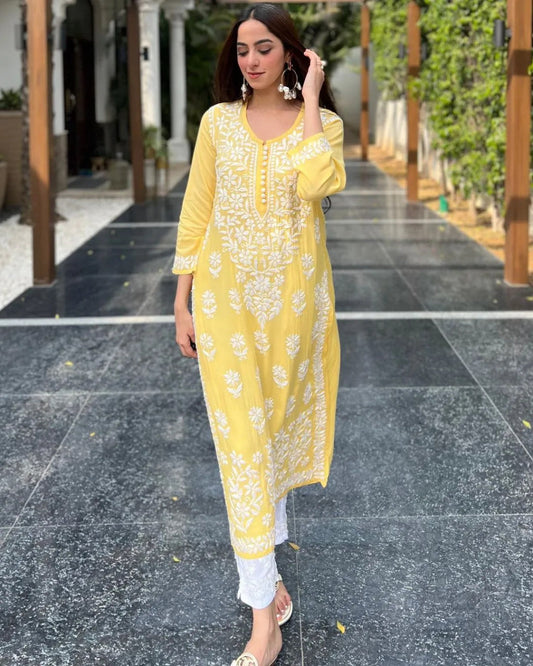 Yellow Rayon Cotton Chikankari Kurta With Pant