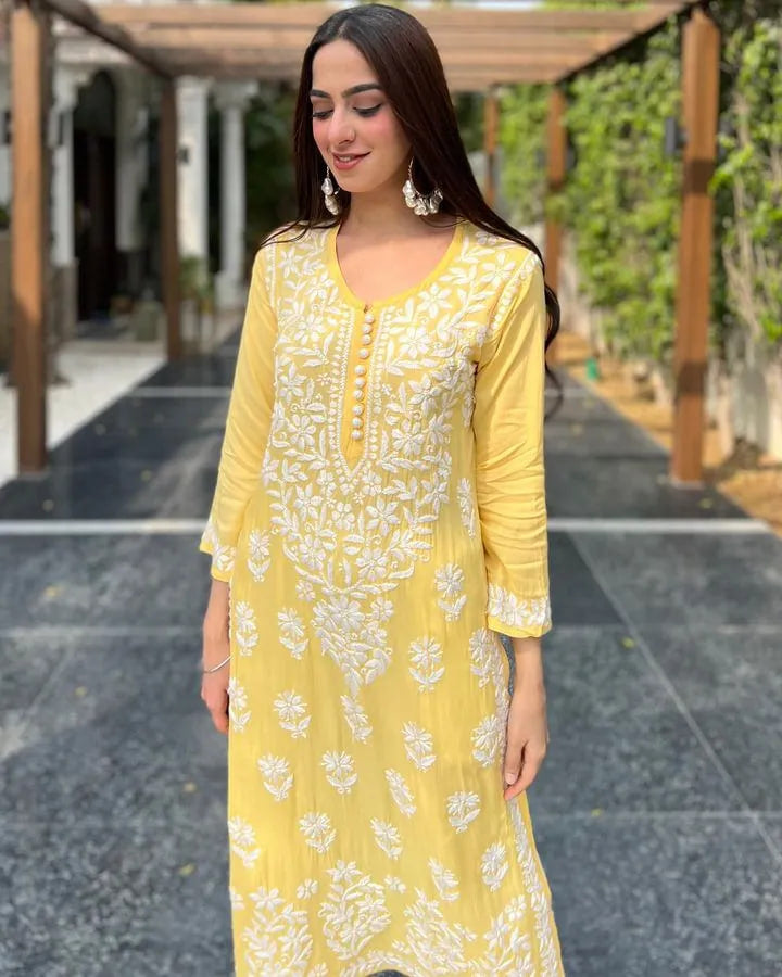 Yellow Rayon Cotton Chikankari Kurta With Pant