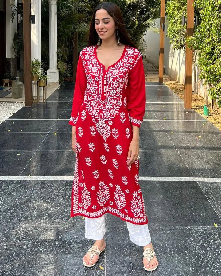 Red Rayon Cotton Chikankari Kurta With Pant