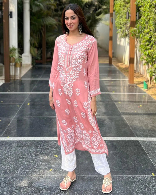 Peach Rayon Cotton Chikankari Kurta With Pant