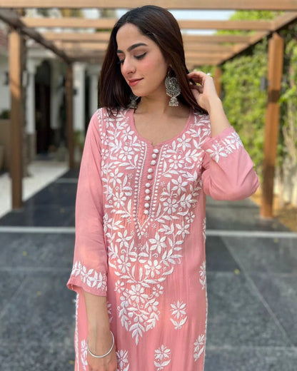 Peach Rayon Cotton Chikankari Kurta With Pant