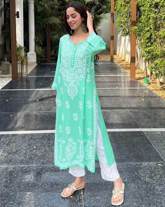 Sea Green Rayon Cotton Chikankari Kurta With Pant