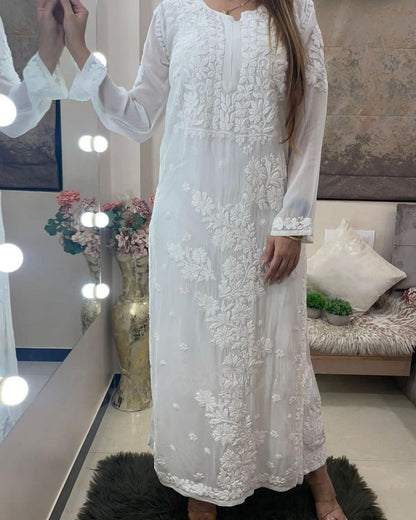 White Viscose Georgette Chikankari Kurti With Pant