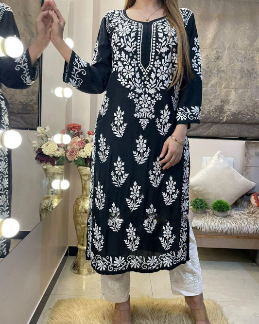 Black Rayon Cotton Chikankari Embroidery Work Kurti With Pant