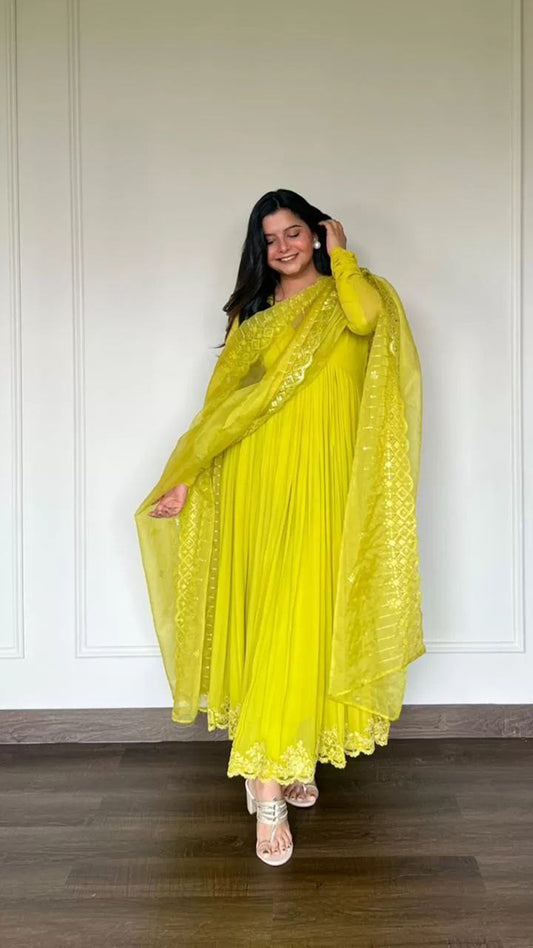 Lime Yellow Faux Georgette Embroidered Gown Set