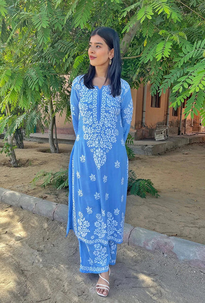 Powder Blue Rayon Cotton Chikankari Kurta With Palazzo Set