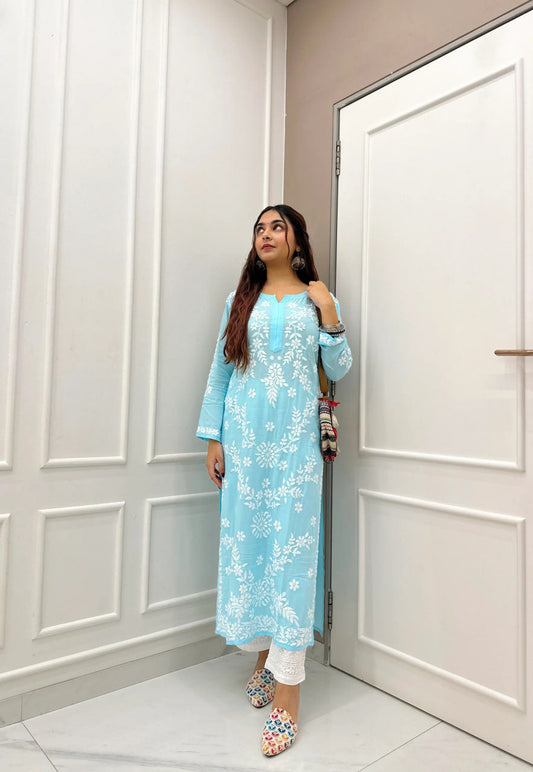 Sky Blue Rayon Cotton Chikankari Kurta With Pant Set