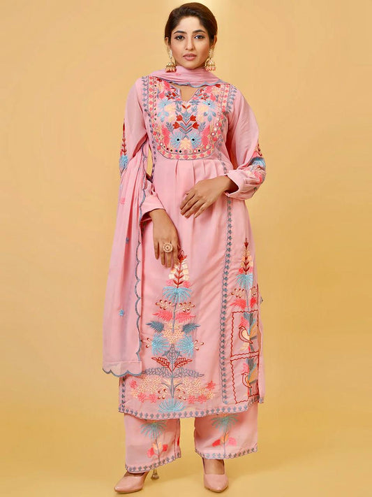 Peach Faux Georgette Embroidered Kurta With Pant And Dupatta Set