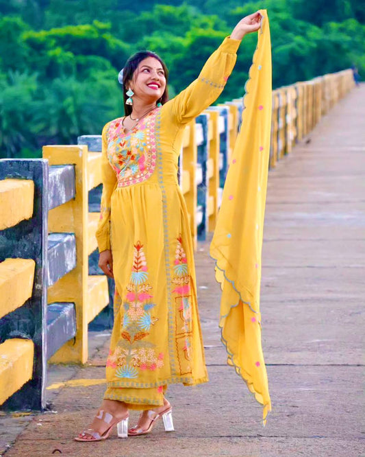 Mustard Faux Georgette Embroidered Kurta With Pant And Dupatta Set