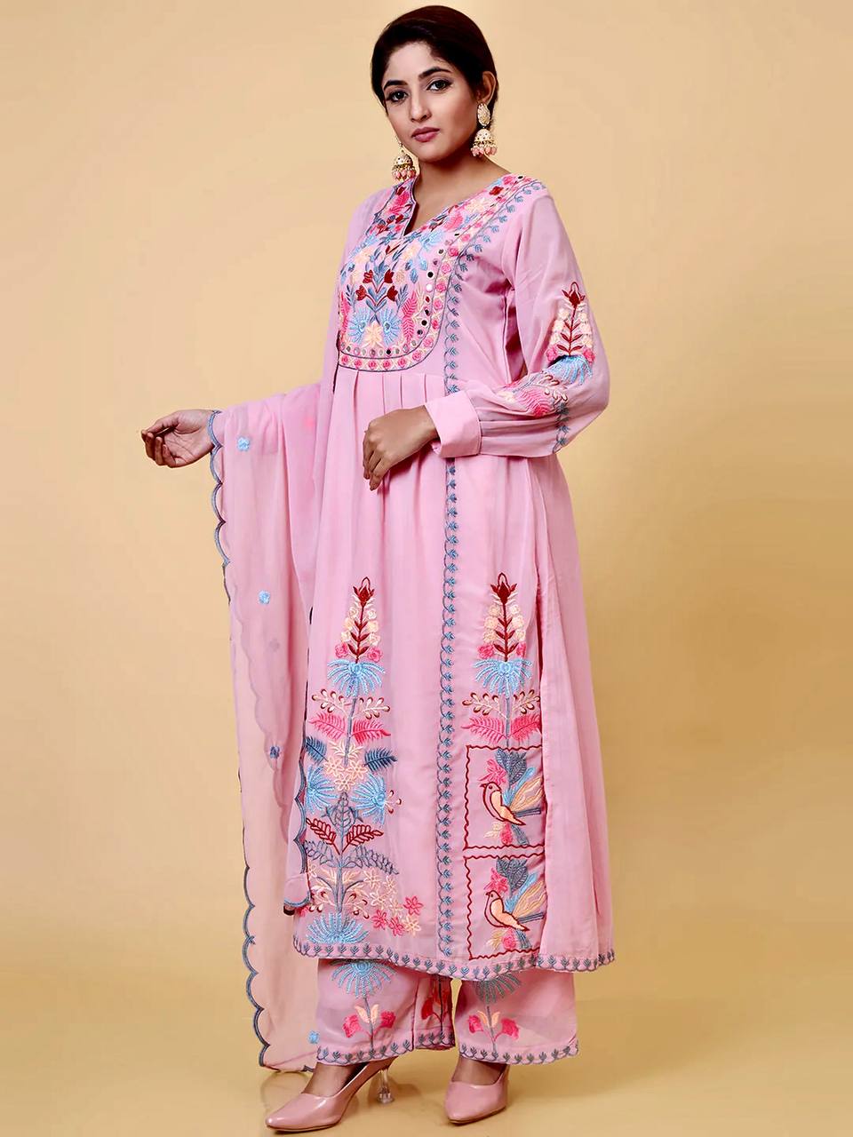 Faux Georgette Embroidered Kurta With Pant And Dupatta Set