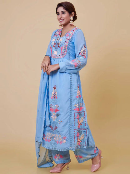 Faux Georgette Embroidered Kurta With Pant And Dupatta Set