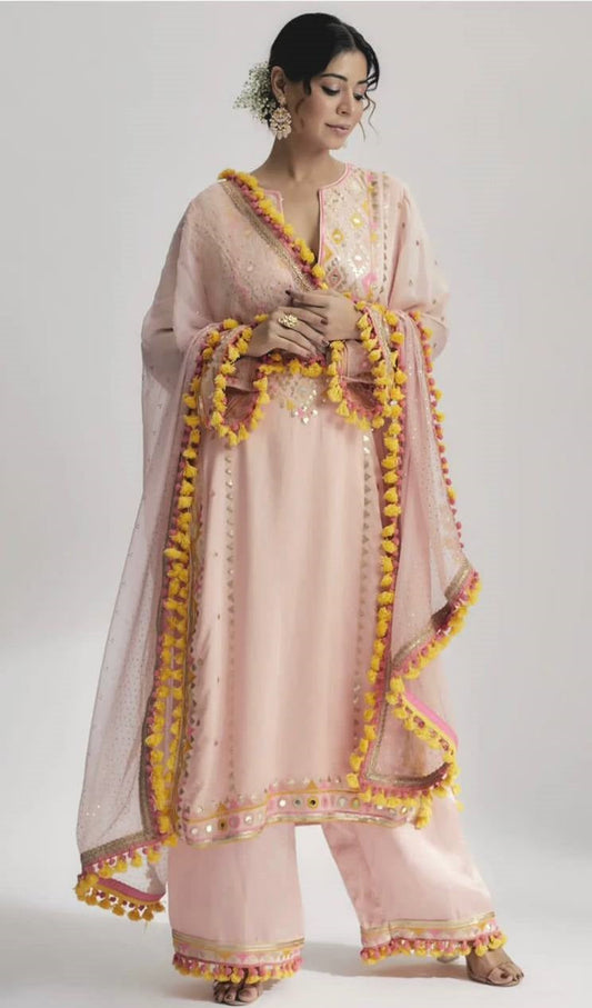 Pink Faux Georgette Sequence Embroidery Work Kurta With Palazzo And Dupatta