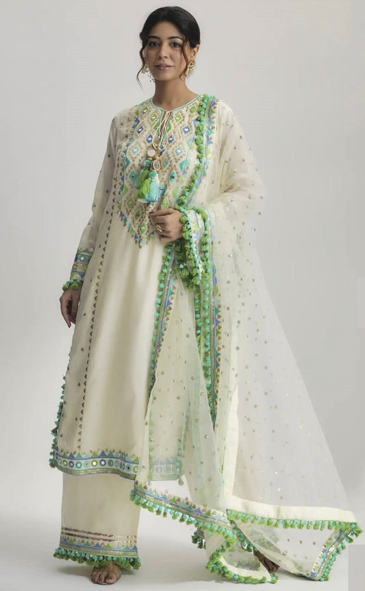 Off White Faux Georgette Sequence Embroidery Work Kurta With Palazzo And Dupatta