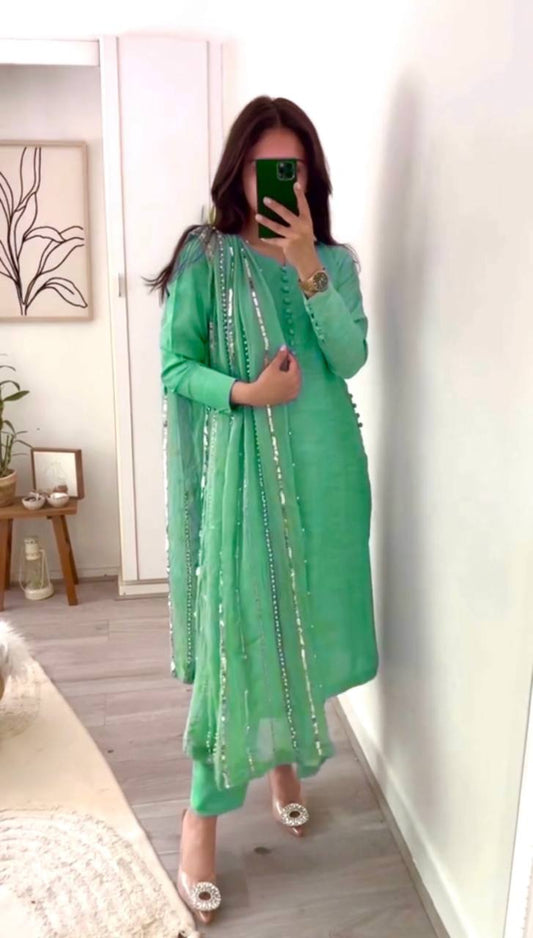 Pista Green Faux Georgette Top Bottom Dupatta Set