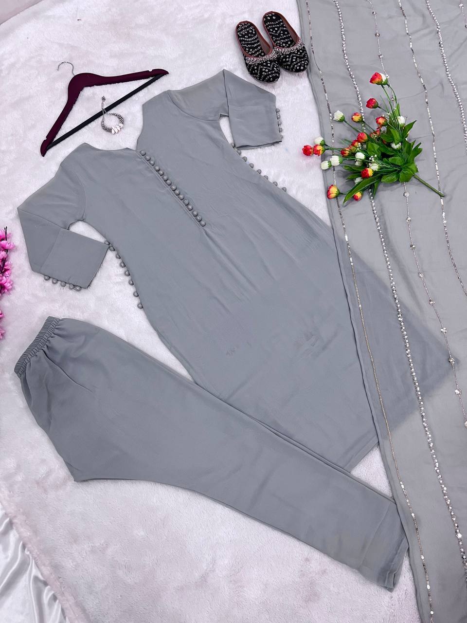 Gray Faux Georgette Top Bottom Dupatta Set