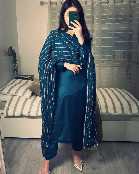 Blue Faux Georgette Top Bottom Dupatta Set