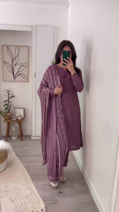 Grape Purple Faux Georgette Top Bottom Dupatta Set