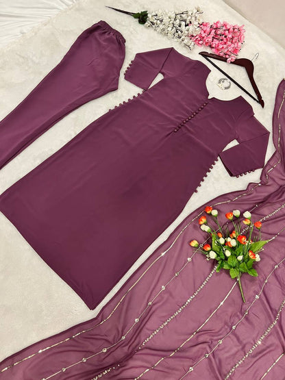 Grape Purple Faux Georgette Top Bottom Dupatta Set