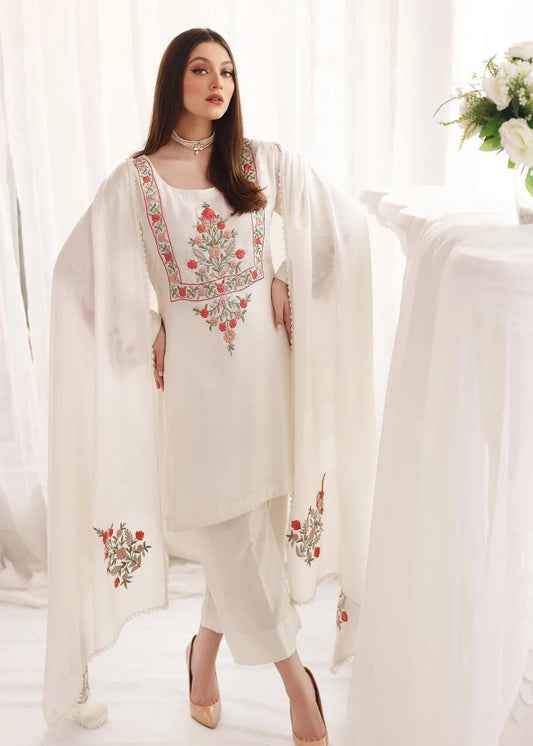 White Faux Georgette Embroidery Work Top Bottom With Dupatta Set