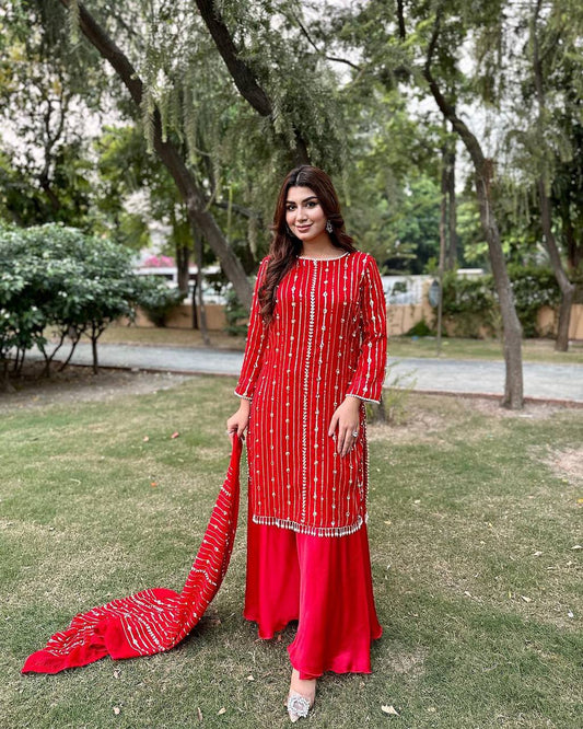 Red Faux Georgette Sequence Work Top Bottom With Dupatta