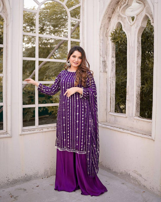 Purple Faux Georgette Sequence Work Top Bottom With Dupatta